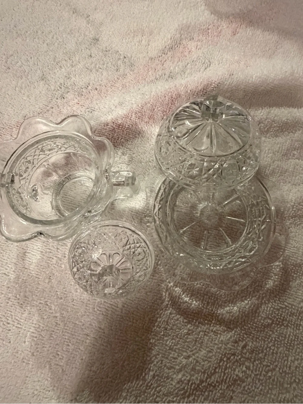 Clear Pressed Glass Lidded Dishes Set - Scalloped Bowls